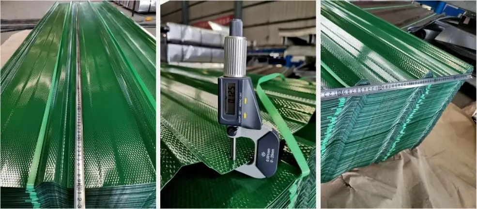 Green corrugated roof metal sheet quality inspection